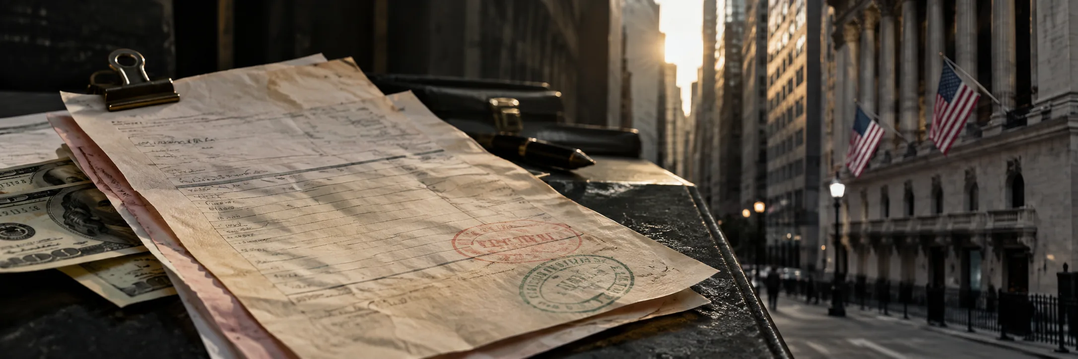 Editorial Wall Street receipt and trading-desk still life