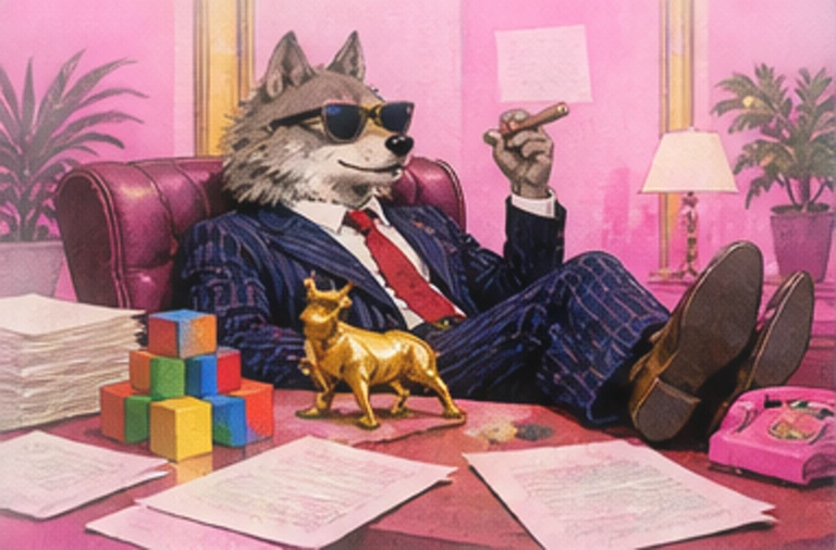 Wall Street-inspired wolf trading scene
